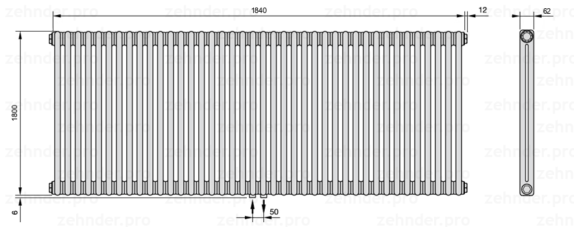 Схема (чертеж) Радиатор Zehnder Charleston 2180/40 №3470 Technoline TL